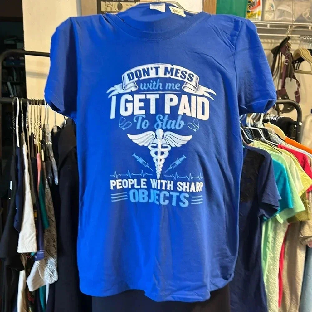Port & Company Royal Blue Funny Nurse Phlebotomist Graphic T-Shirt Womens Medium